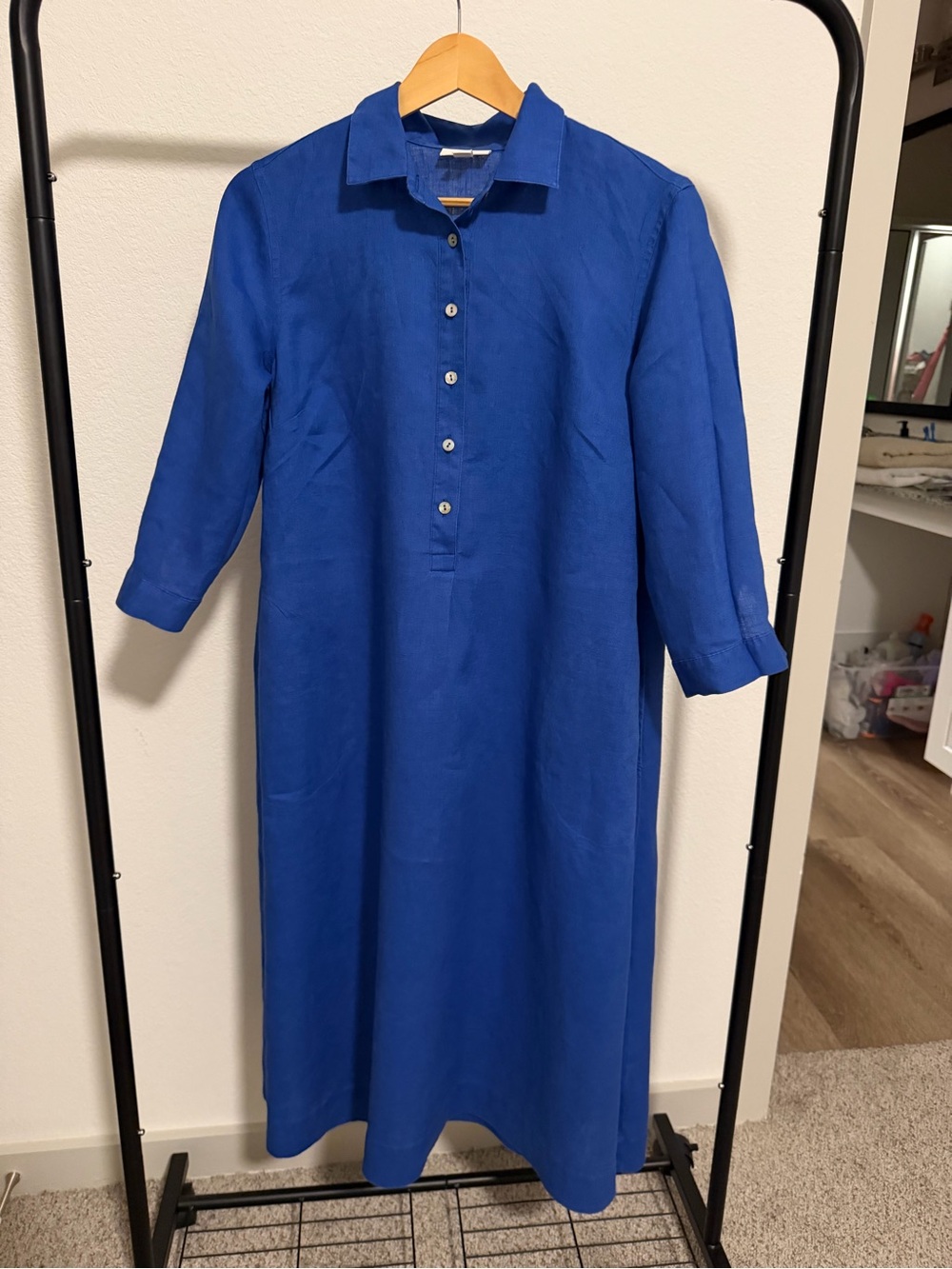 J.Jill Love Linen Shirt Dress XS Petite Blue 100% Linen 3/4 Sleeve